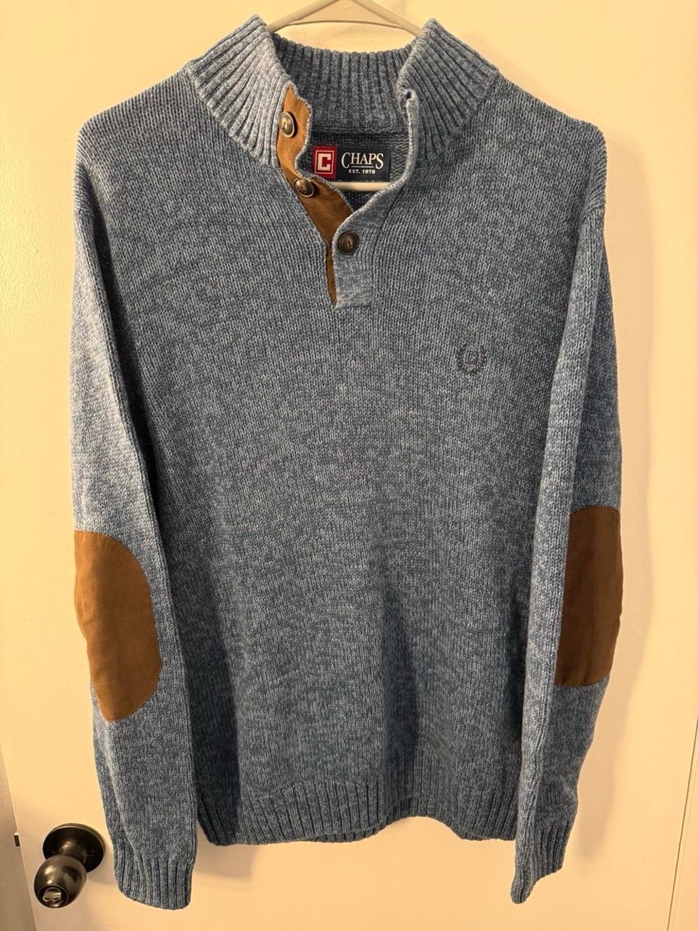 Chaps Men's Heather Blue Zip-Neck Sweater with Brown Elbow Patches